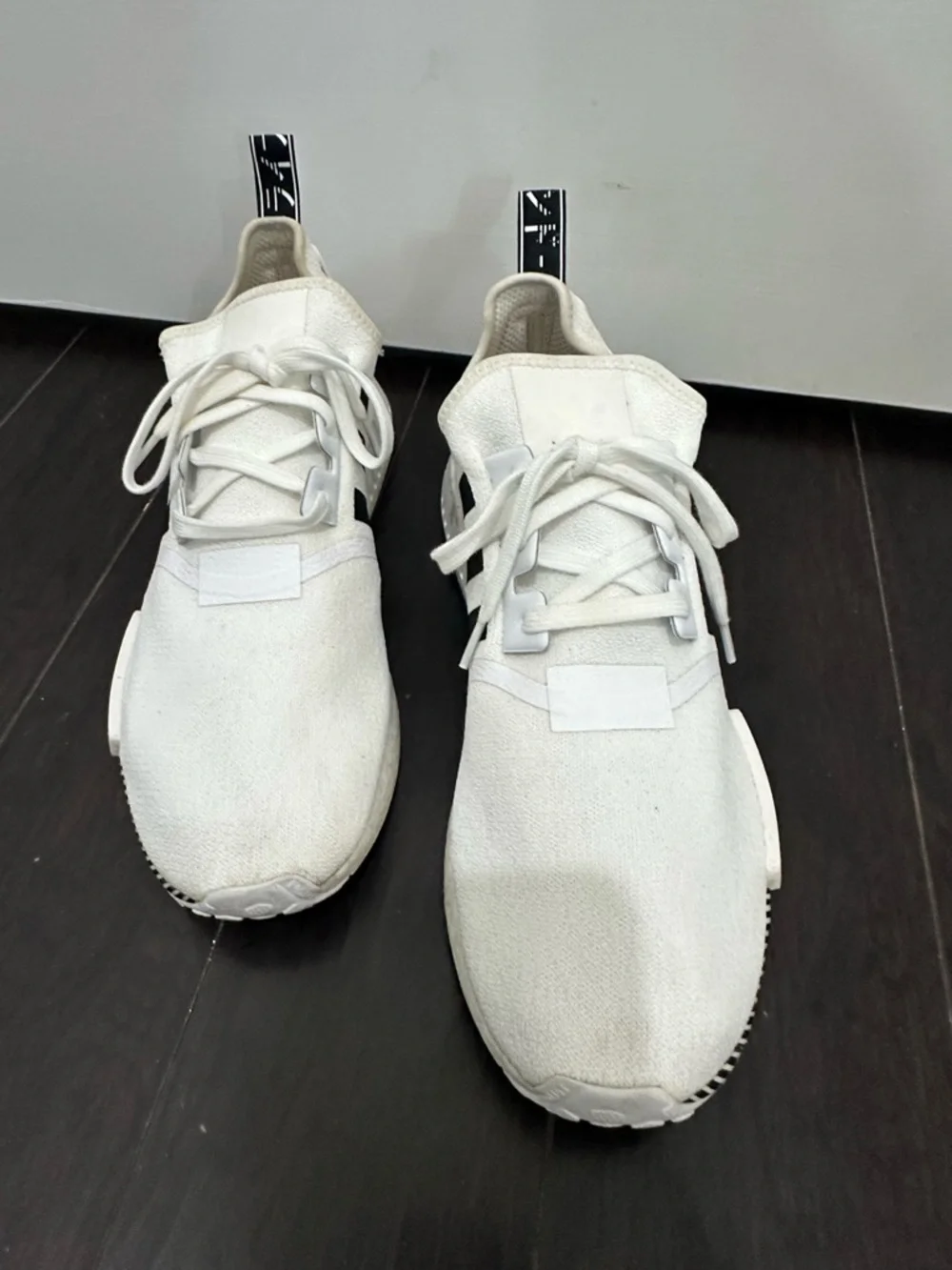 adidas White NMD R1 with Black Stripes and Red/Blue Accents SZ 14
